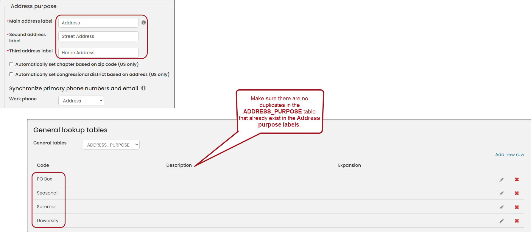 Address purpose settings and general look up table "address purpose"